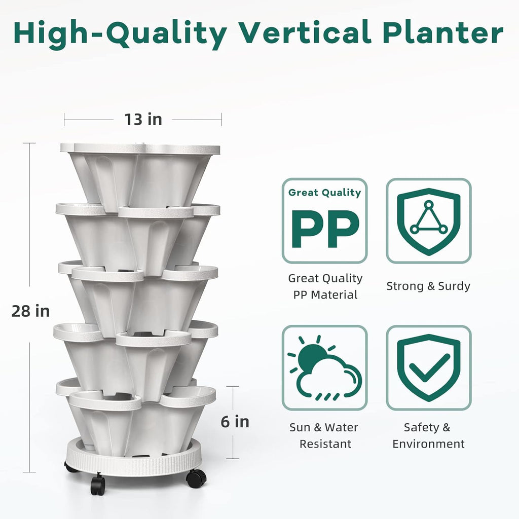 Strawberry Vertical Planters, 5 Tiered Stacking Tower Garden with Support Pole, Stackable Herb Vegetable Planters Indoor and Outdoor - White
