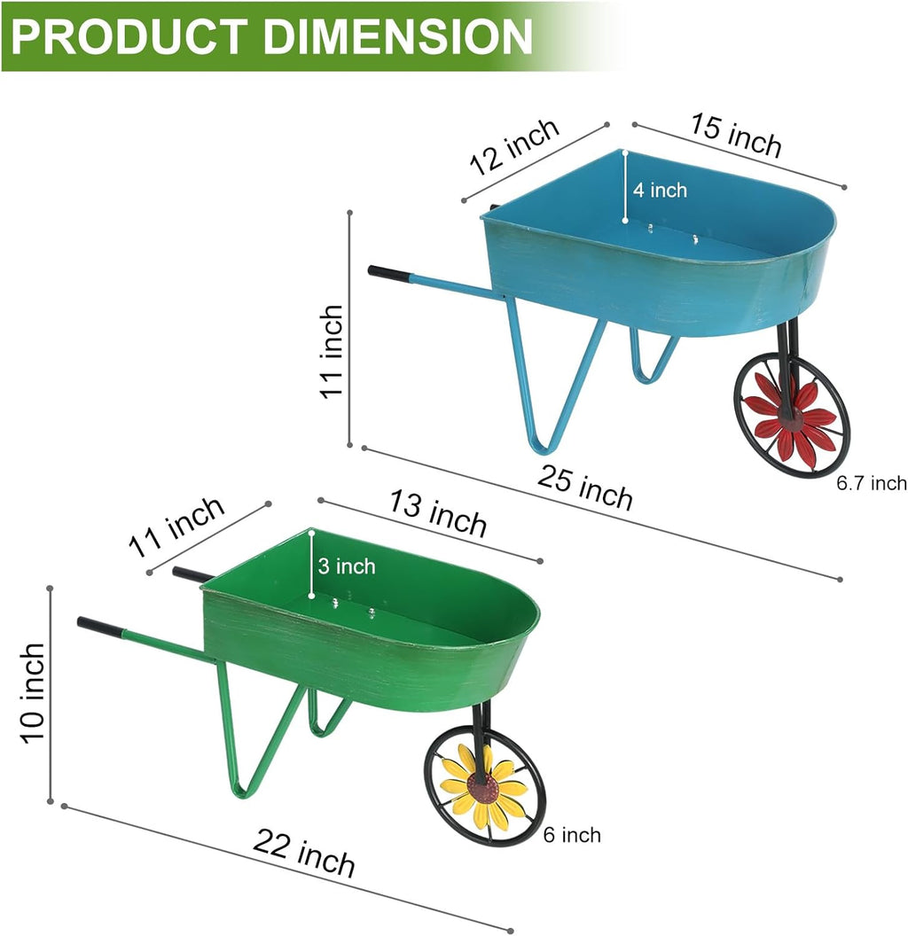 BAYN Metal Wheelbarrow Flower Cart Planter, 2 Packs Plant Stands with Triangular Support Handles Non-Rolling Wheel Vintage Wagon Planter Pots for Home Patio Garden Backyard Rustic Outdoor Decor