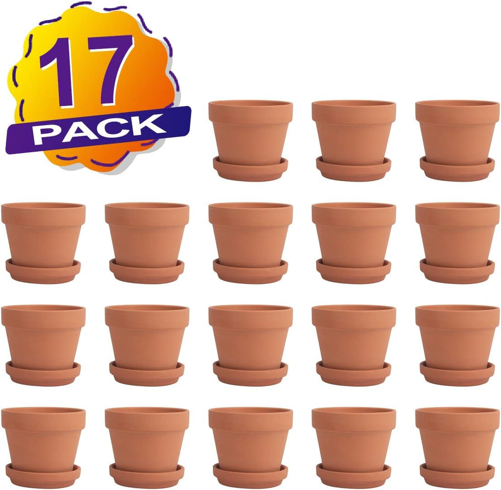 17 Pack 4" Terracotta Planter Pots with Saucer - Clay Ceramic Cactus & Succulent Flower Nursery Garden Pots (4")
