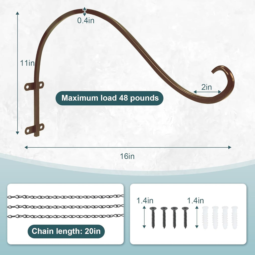 Plant Hangers Outdoor, 4 Pack 16 Inch Plant Hooks for Wall Metal Plants Hanging Bracket for Bird Feeder, Flower Baskets, Wind Chimes, Lanterns, Indoor Outdoor, Bronze