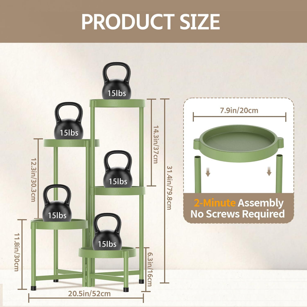 LASZOLA 5 Tiered Folding Plant Stand Indoor for Multiple Large Planter, Tall Heavy Duty Adjustable Rack with Rust Proof Plastic Shelving, Sturdy Vertical Tree Organizer for Narrow Inside Floor, Green