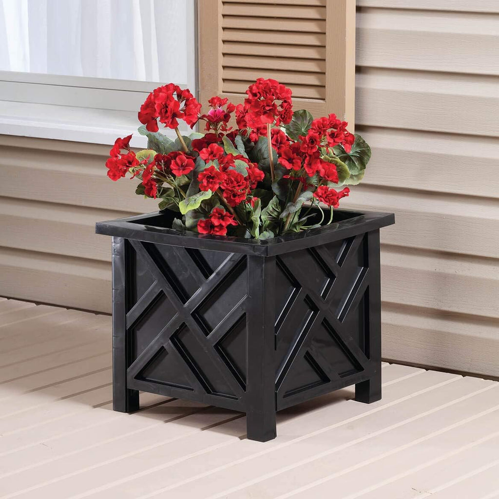 Miles Kimball Set of 2 Chippendale Planter Boxes, Black, Outdoor Décor – Plant Holder for Garden, Patio and Lawn, Weather-Resistant Polypropylene – 14 ¾” sq. x 13 ¼ H Overall