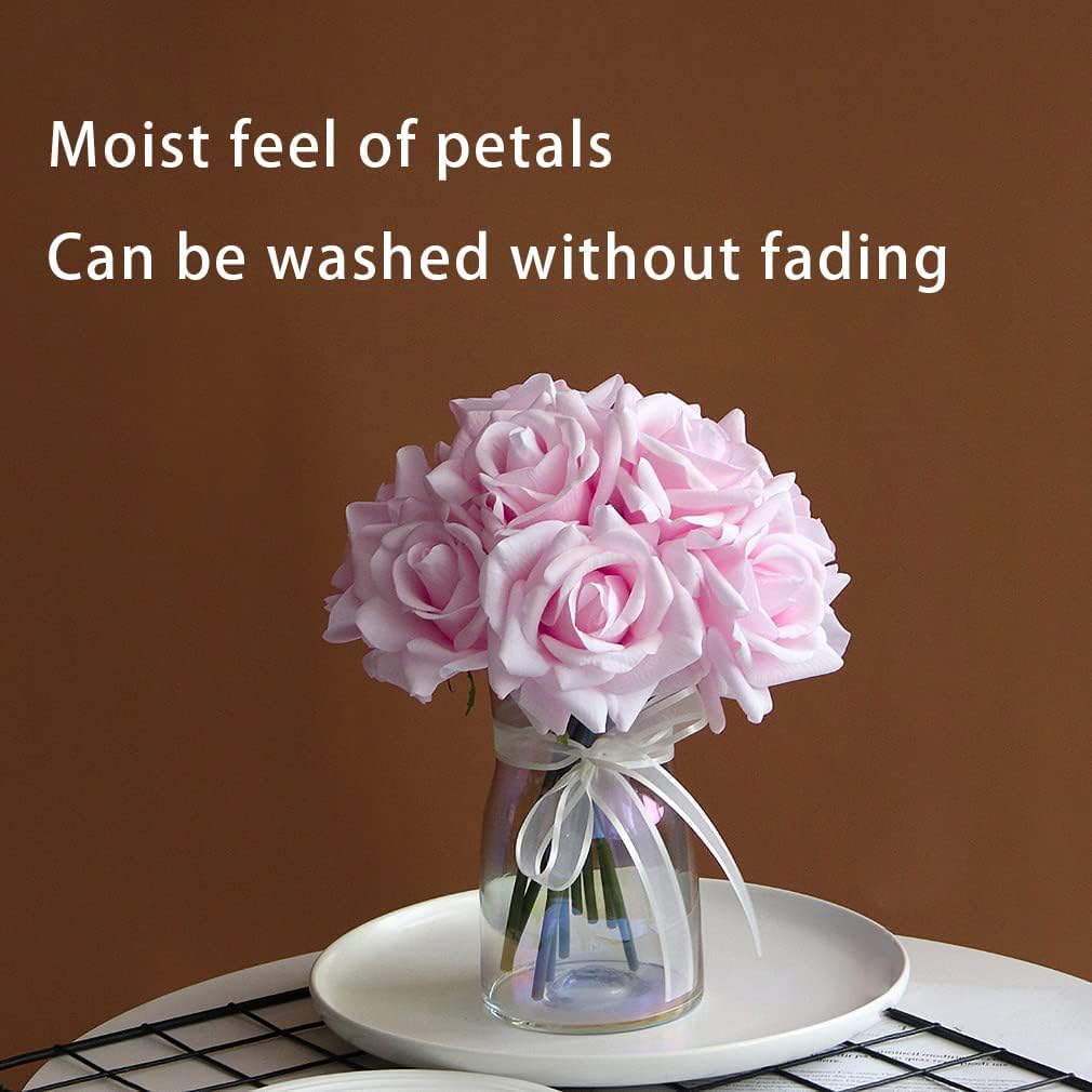 Artificial Roses Single Stem 10pcs Fake Silk Flower Arrangement Bouquet Real Touch for Home Party Wedding Decoration(Light Pink)