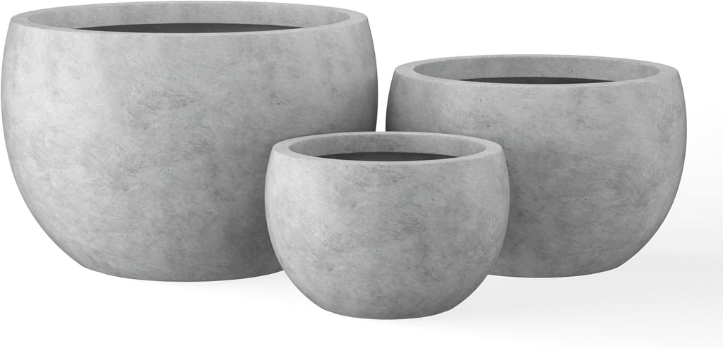 Kante 19.9",15.7",11.8" Dia Round Concrete Planter Set of 3, Outdoor/Indoor Large Bowl Plant Pots with Drainage Hole and Rubber Plug for Garden Patio Balcony Home, Natural Concrete