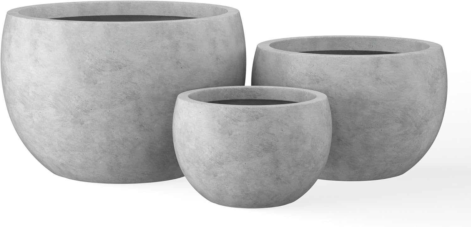 Kante 19.9",15.7",11.8" Dia Round Concrete Planter Set of 3, Outdoor/Indoor Large Bowl Plant Pots with Drainage Hole and Rubber Plug for Garden Patio Balcony Home, Natural Concrete