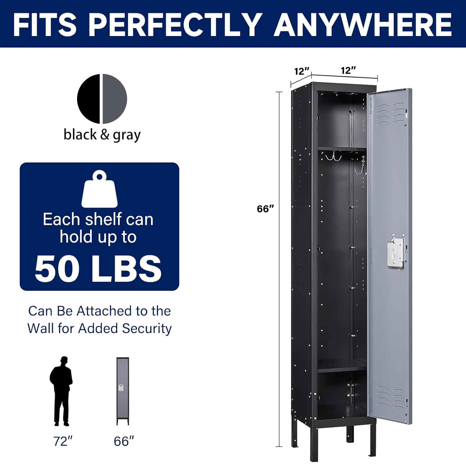 Yizosh Metal Lockers for Employees with Lock, Employees Locker Storage Cabinet with 1 Doors, Tall Steel Storage Locker for Gym, School, Office (Gray Black, 1 Door)