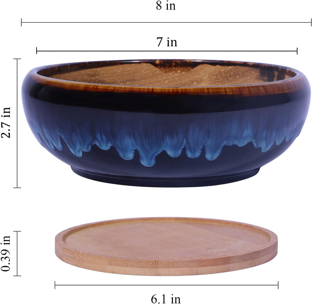 SQOWL 7 Inch Round Ceramic Succulent Planter Pot Drip Glazed Shallow Planter with Drainage Bamboo Tray for Indoor Plants