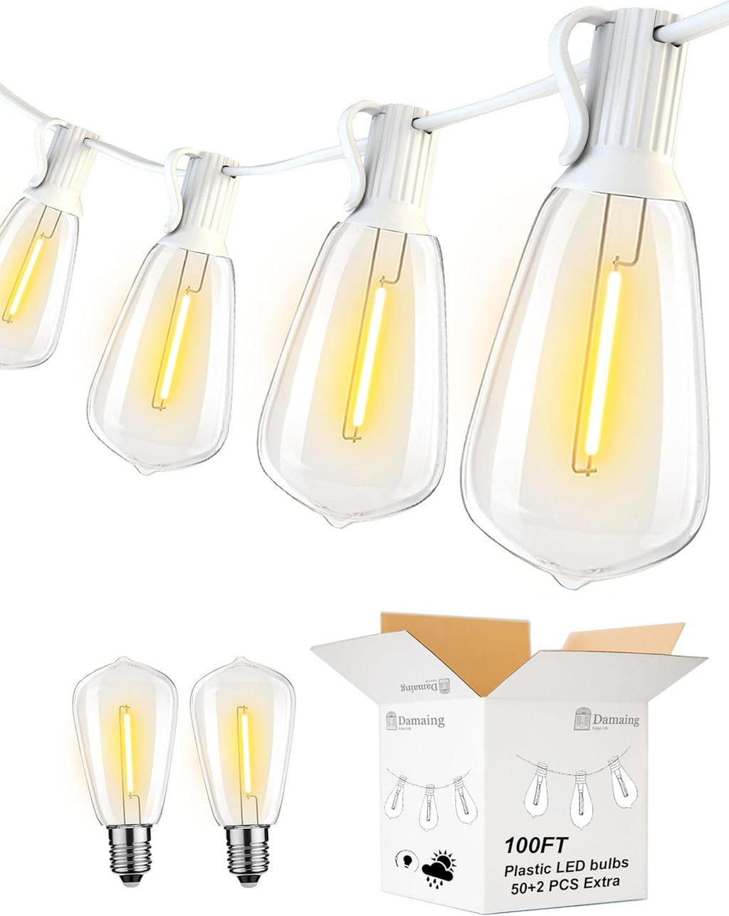 DAMAING LED Outdoor String Lights 100FT Patio Lights with 52 Shatterproof Edison Bulbs,Dimmable Hanging Lights,Waterproof String Lights for Outside Wedding,Bistro,Porch,Backyard,2200K