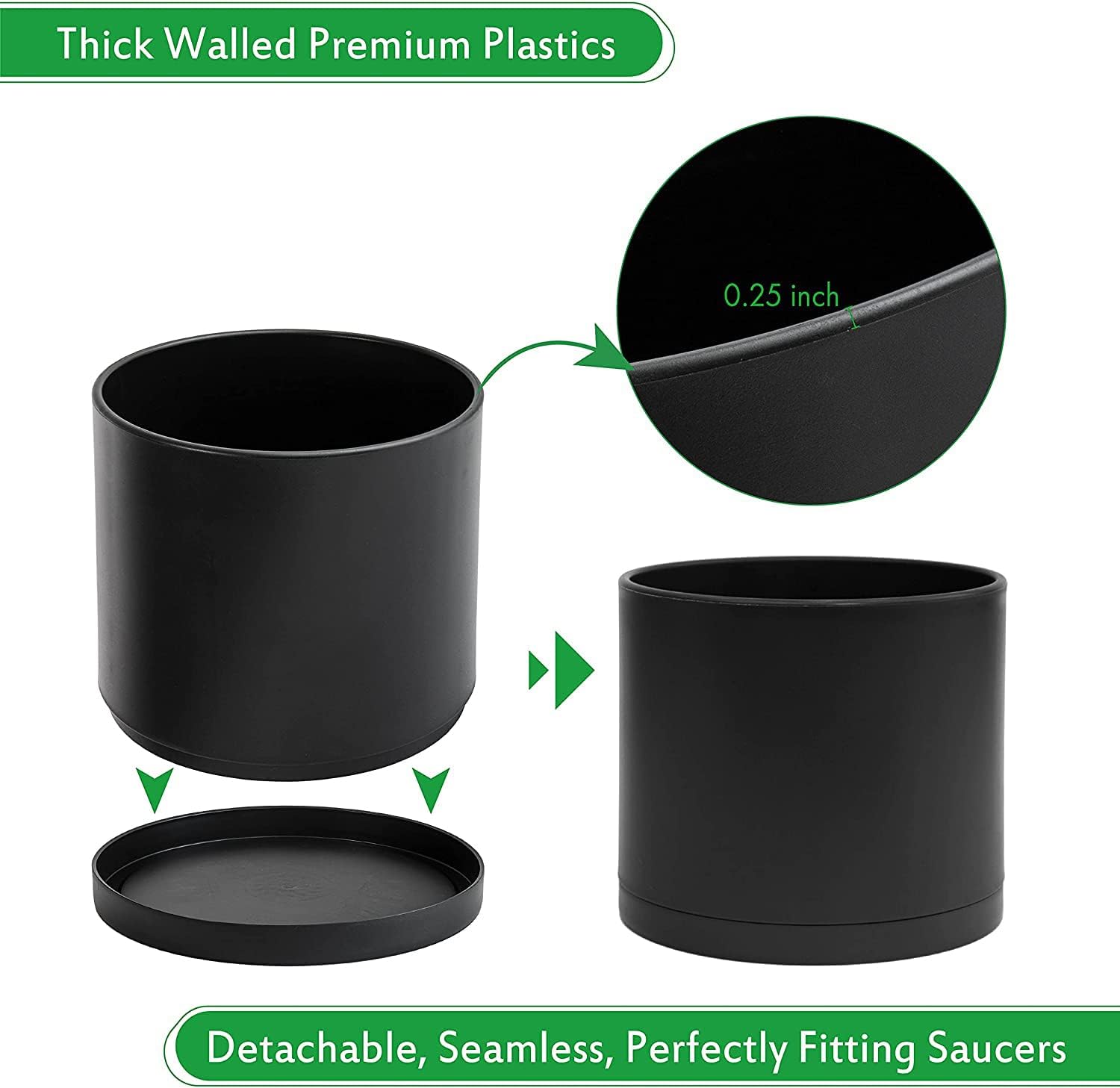 D'vine Dev 8 Inch Plastic Planter Pots for Plant Pot with Drainage Hole and Seamless Saucers, Black Color, 74-X-B-1