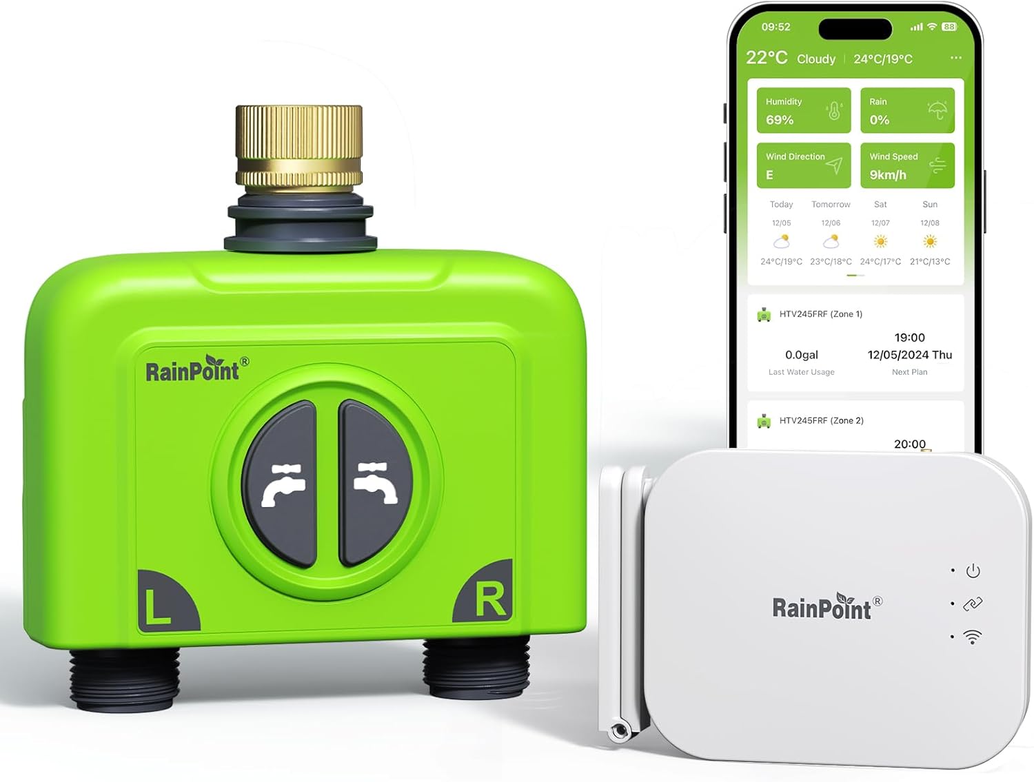 RAINPOINT WiFi Water Timer for Garden Hose, Brass Inlet 2 Zone WiFi Sprinkler Controller, Smart Hose Timer Valve with Ethernet Gateway, Rain Delay for Garden/Lawn (Support WiFi & Ethernet Connection)