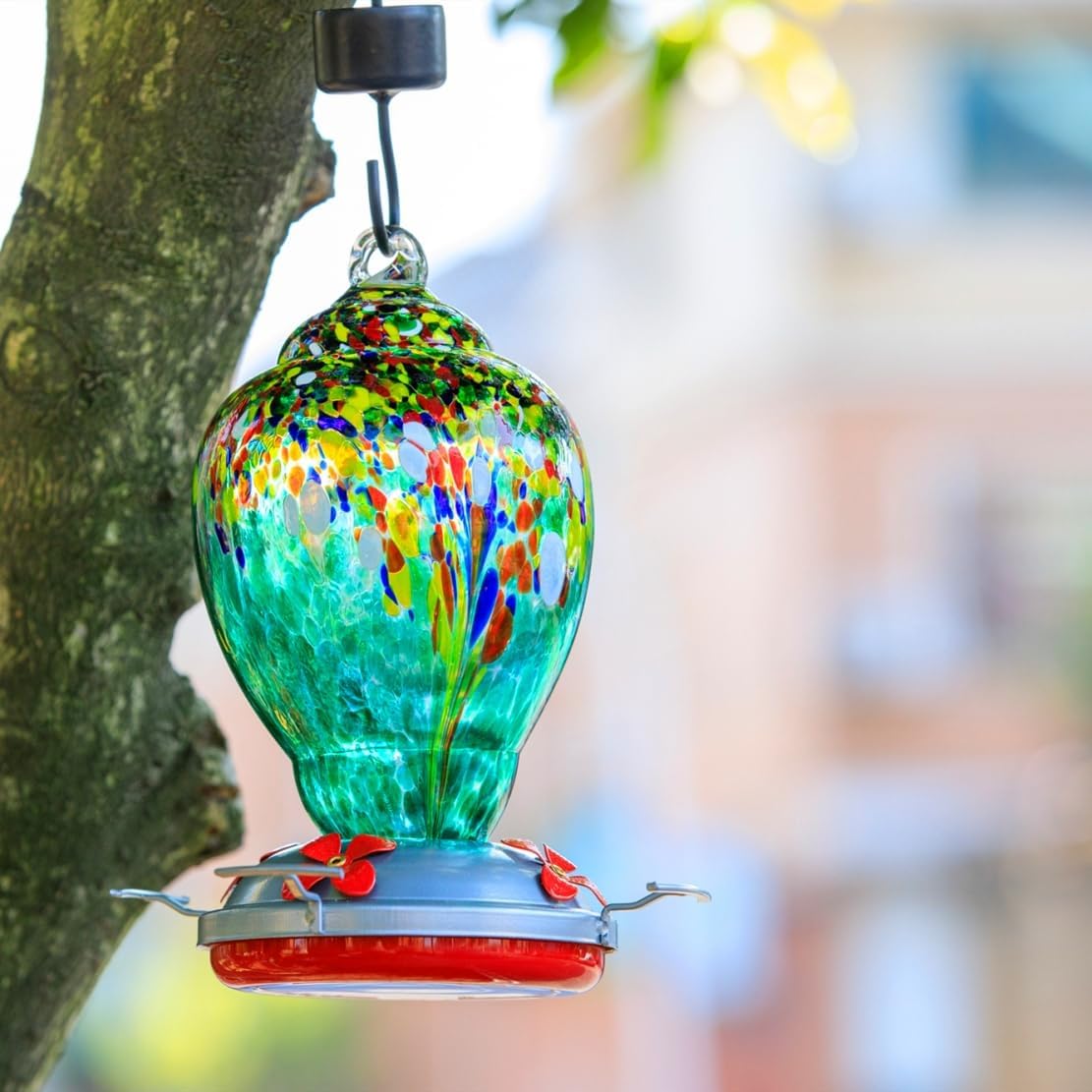 WOSIBO Hummingbird Feeder for Outdoors Patio Large 32 Ounces Colorful Hand Blown Glass Hummingbird Feeder with Ant Moat Hanging Hook, Rope, Brush and Service Card (Green)
