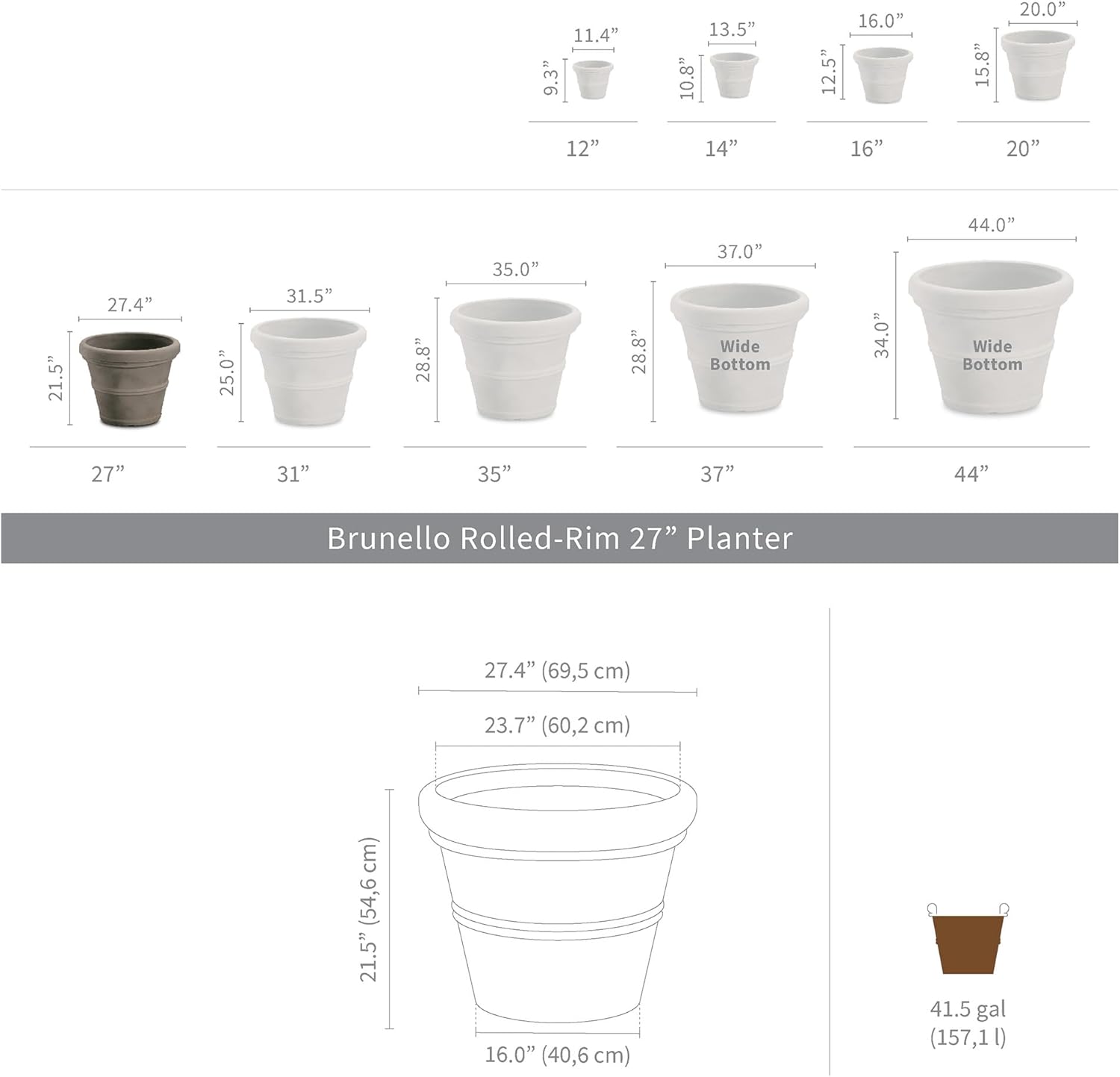 Crescent Garden Brunello Classic Rolled Rim Planter Pot, Indoor/Outdoor Weather-Safe Round Plant Pot, 27'' (Weathered Concrete)