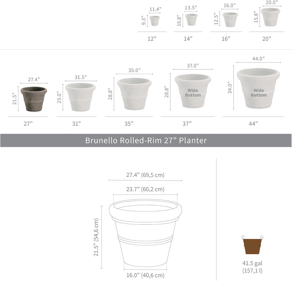 Crescent Garden Brunello Classic Rolled Rim Planter, Indoor/Outdoor Weather-Safe Round Plant Pot, Large Plastic Flowerpot for Flowers, Faux Plants, Trees - 27'' W (Parchment)