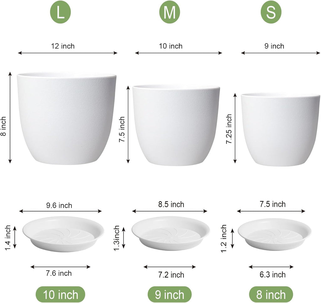 12/10/9 inch Large Plant Pots, 3 Pack Modern Decorative Plastic Planters with Drainage Holes and Saucers, Flower Pots for Indoor Outdoor Plants, White