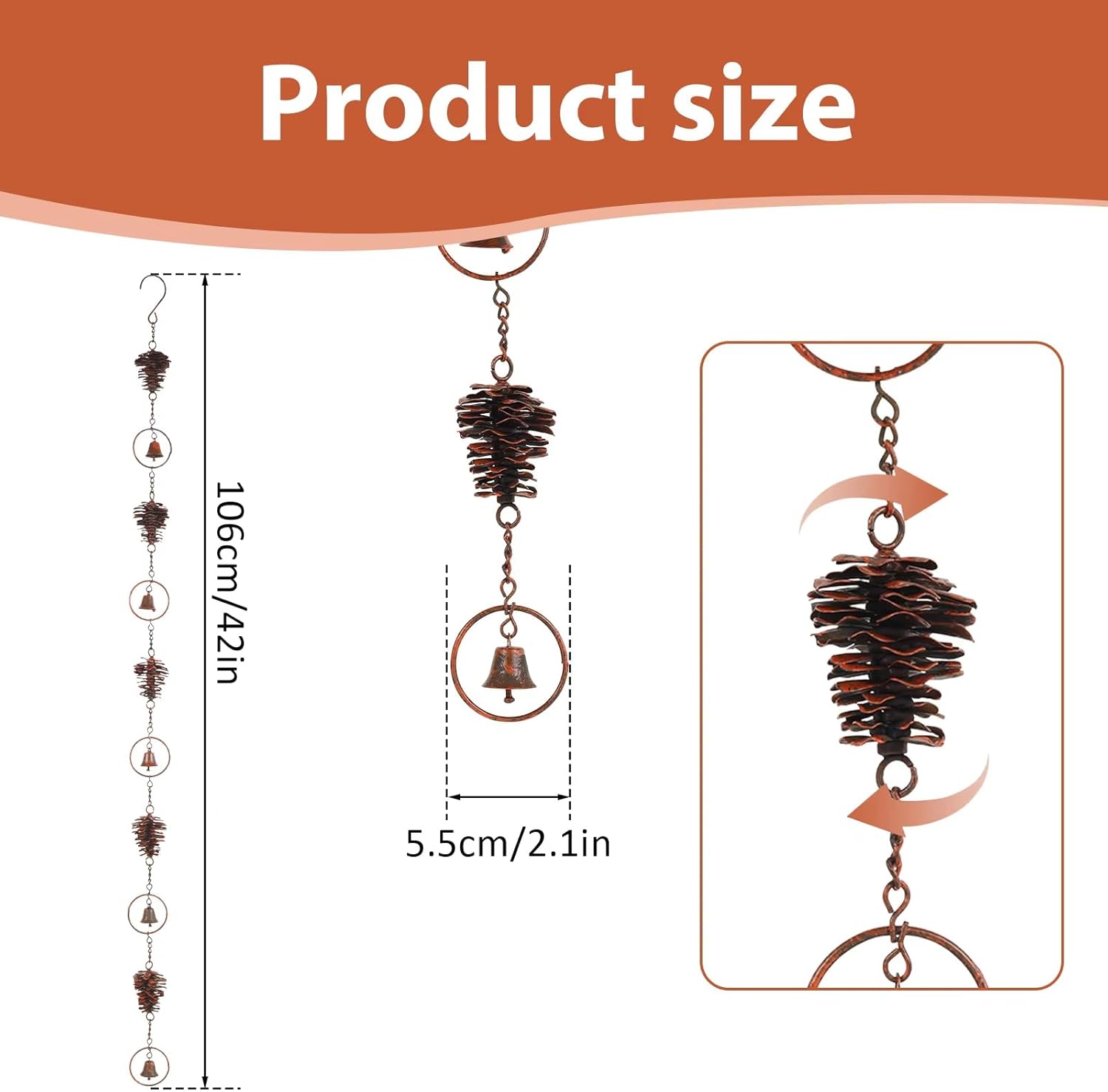 3.5 Feet Pinecone Shaped Rain Chain Metal Rain Chain Gutter Rain Chain Downpipe Outdoor Rain Catcher Decorate Pine Cones and Bells Rain Chain for Indoor Outdoor Decoration
