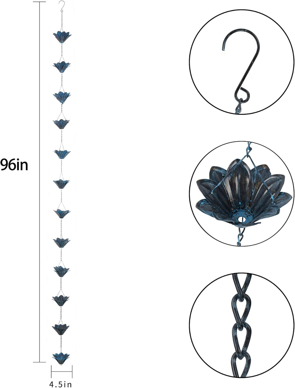 8.5 FT (102 Inch) Decorative Rain Chain for Gutters - Handcrafted Iron Flower Cup Design, Outdoor Water Drainage Solution for House Eaves, Garden, Patio & Home Decor