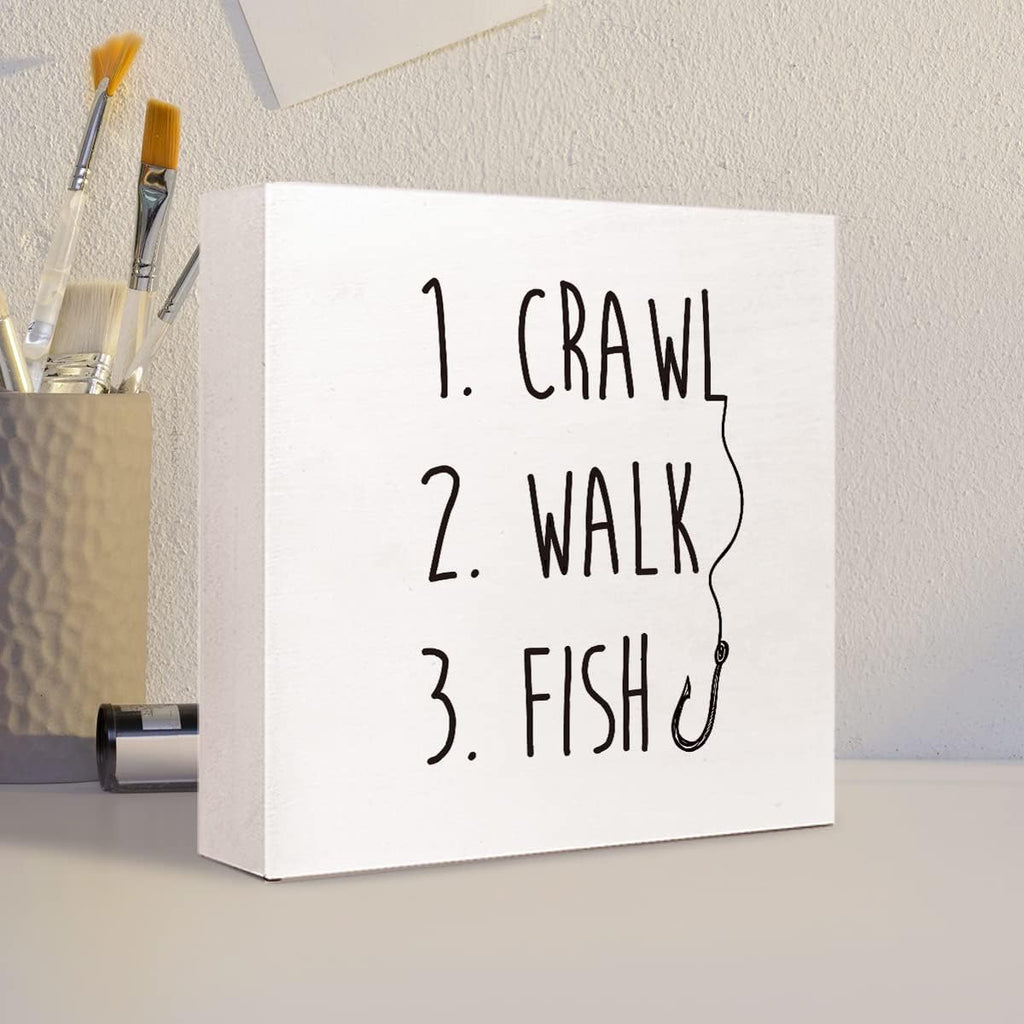 Crawl Walk Fish Rustic Wooden Sign Desk Decor,Funny Baby Fishing Wood Block Sign Desk Decorations for Home Bedroom Baby Room Desk Shelf Table Decor