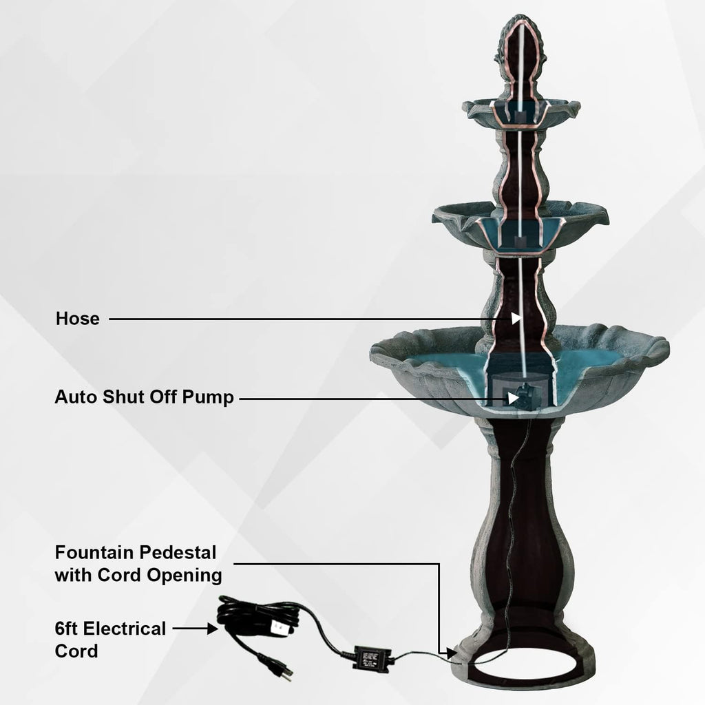 XBrand 3-Tier Freestanding Waterfall Fountain w/Pump & Pineapple Top, 51 Inch Tall, Grey, Large Outdoor Garden Fountain, Ideal for Garden, Porch, and Lawn