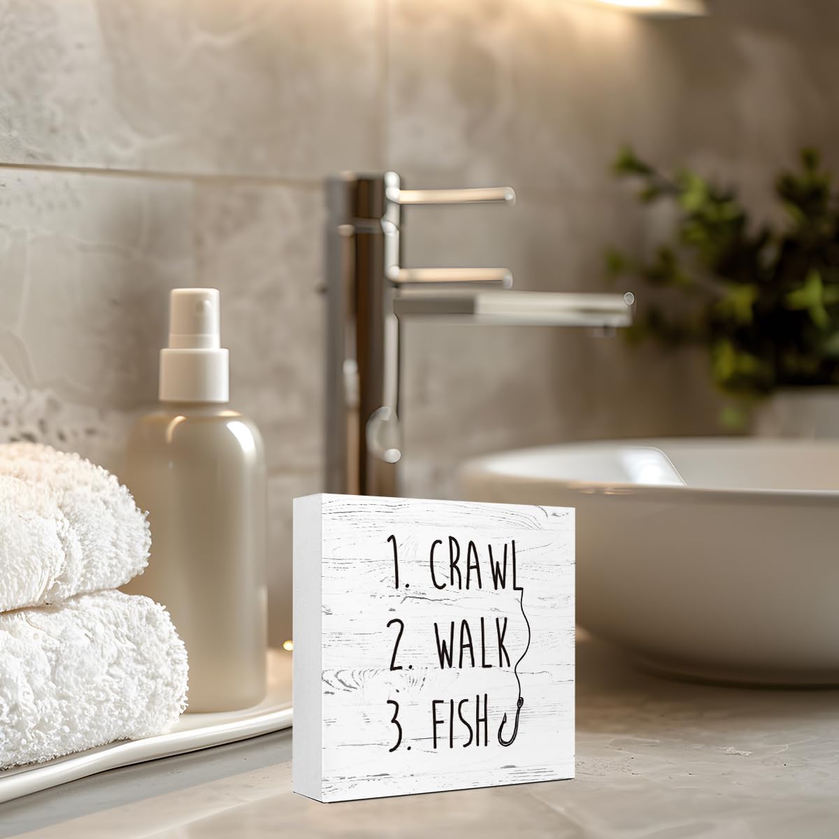 White Crawl Walk Fish Rustic Wooden Sign Desk Decor, Funny Baby Fishing Wood Block Sign for Home Bedroom Baby Room Shelf Table