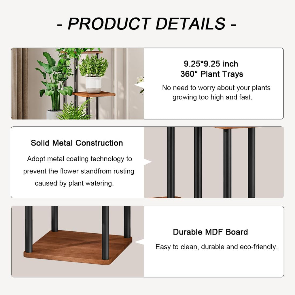 AZERPIAN Plant Stand 5 Tier Indoor Metal Flower Shelf for Multiple Plants Corner Tall Flower Holders for Patio Garden Living Room Balcony Bedroom, Walnut (5 Tier-Walnut)