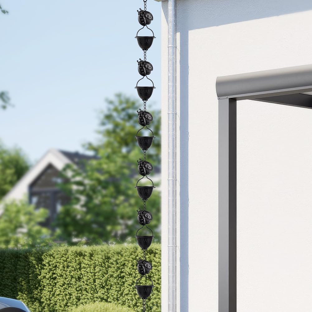 9.2 FT Rain Chain, Black Rain Gutter Chains with 12 Cups & Detachable Ladybugs Decor, Adjustable Rain Catcher Chain for Outddor Decor, Replacement for Downspout