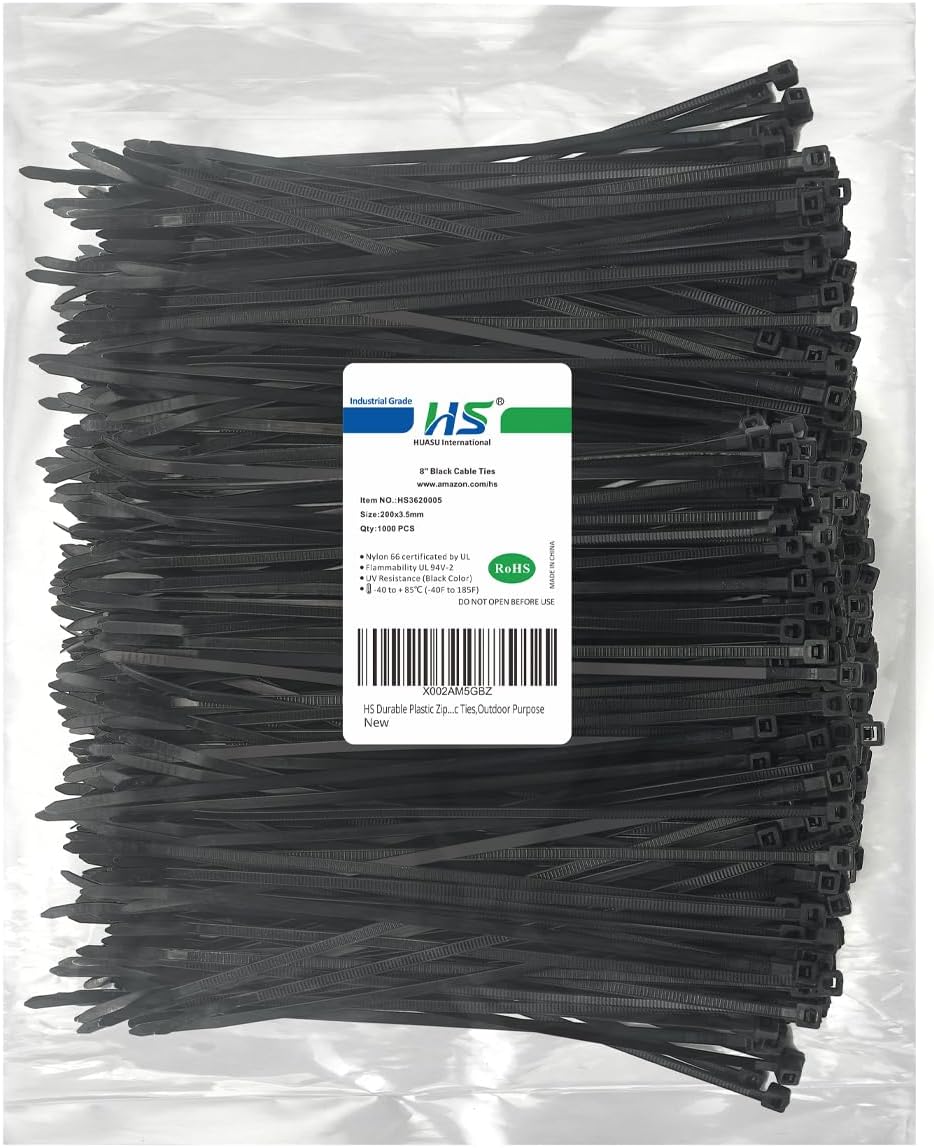 HS Durable Plastic Zip Ties 8 Inch (Bulk-1000 Pack) UV Rated Black Cable Ties 40 Lbs Self-Locking Wire Ties Width 1/8 Inch,Outdoor Purpose