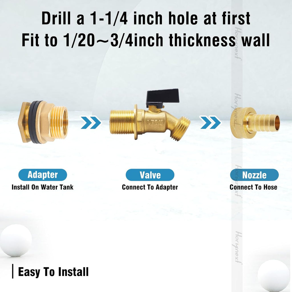 spigot for rain barrel parts kit, brass water barrel spigots accessories for 55 gallon bucket, garden hose connector adapter bulkhead fitting, 1-1/4 inch O.D. inlet & 5/8 inch barb O.D.