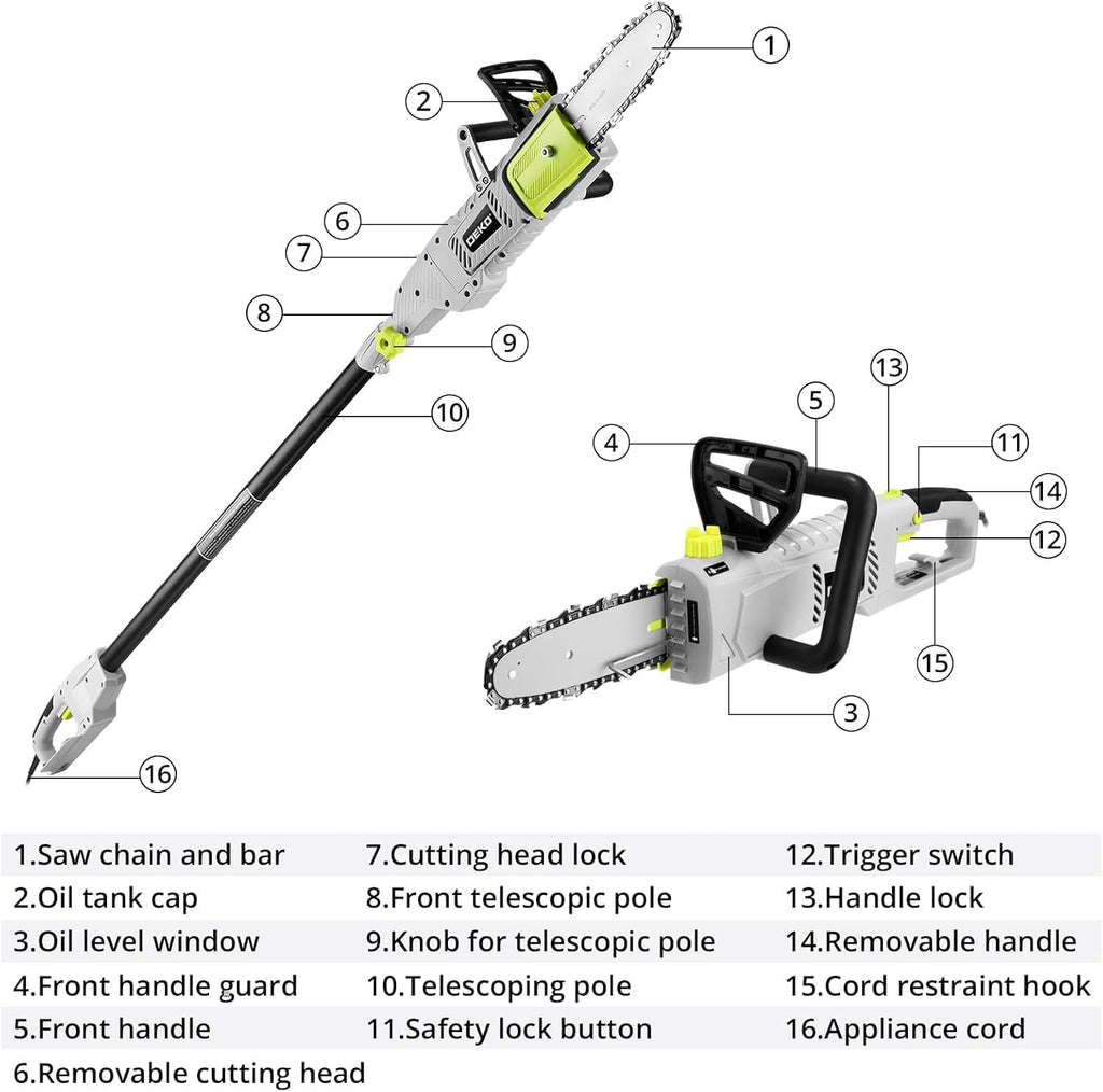 DEKOPRO 8 Amp 10" Electric Pole Saw for Tree Trimming,Corded Electric Chainsaw,Power Chain Saw for Tree Trimming Wood Cutting
