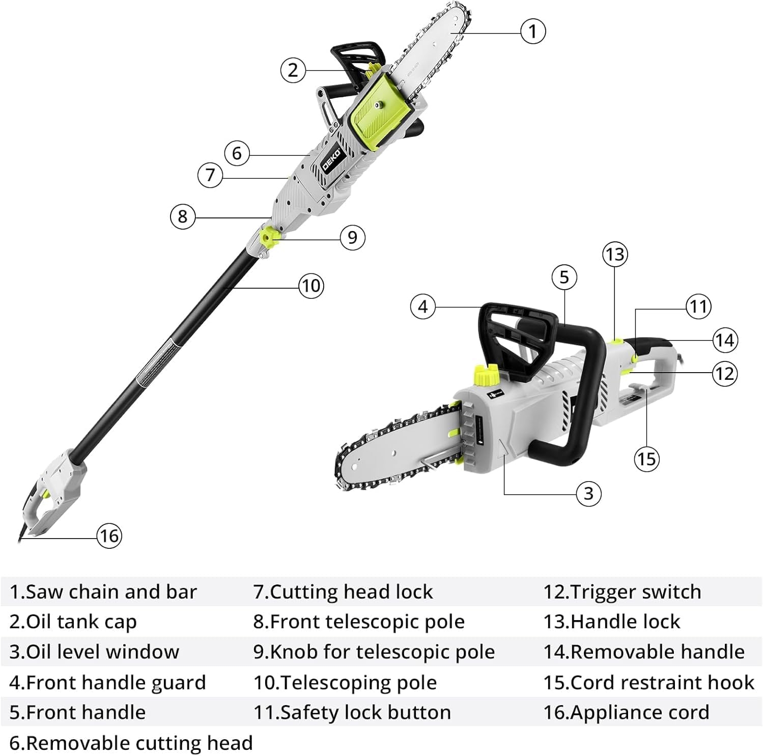 DEKOPRO 8 Amp 10" Electric Pole Saw for Tree Trimming,Corded Electric Chainsaw,Power Chain Saw for Tree Trimming Wood Cutting