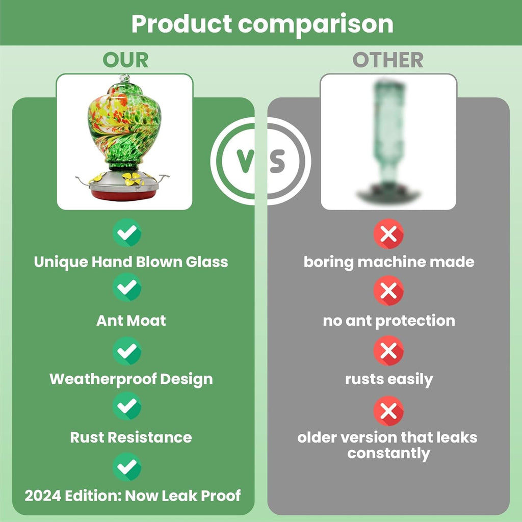 Nature Gear Hummingbird Feeder, Hanging-Mount Glass Hummingbird Feeders for Outdoors, Hand-Blown Glass Feeder with Ant Moat for Garden Hummingbirds, Easy to Clean & Rust Resistant, Emerald Green