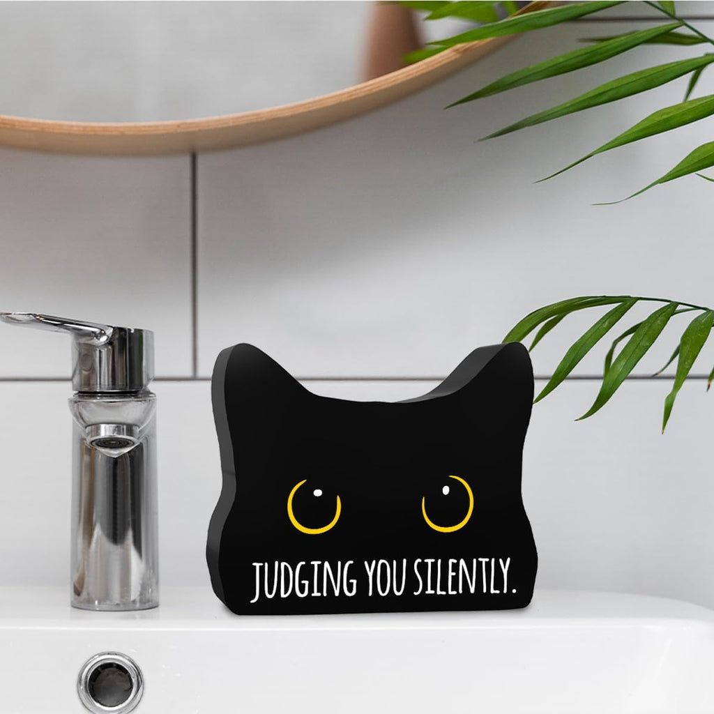 Judging You Silently Funny Bathroom Acrylic Decor Sign Black Cat Decor Cat Decor for Home Bathroom Cat Lover Gifts For Women Men