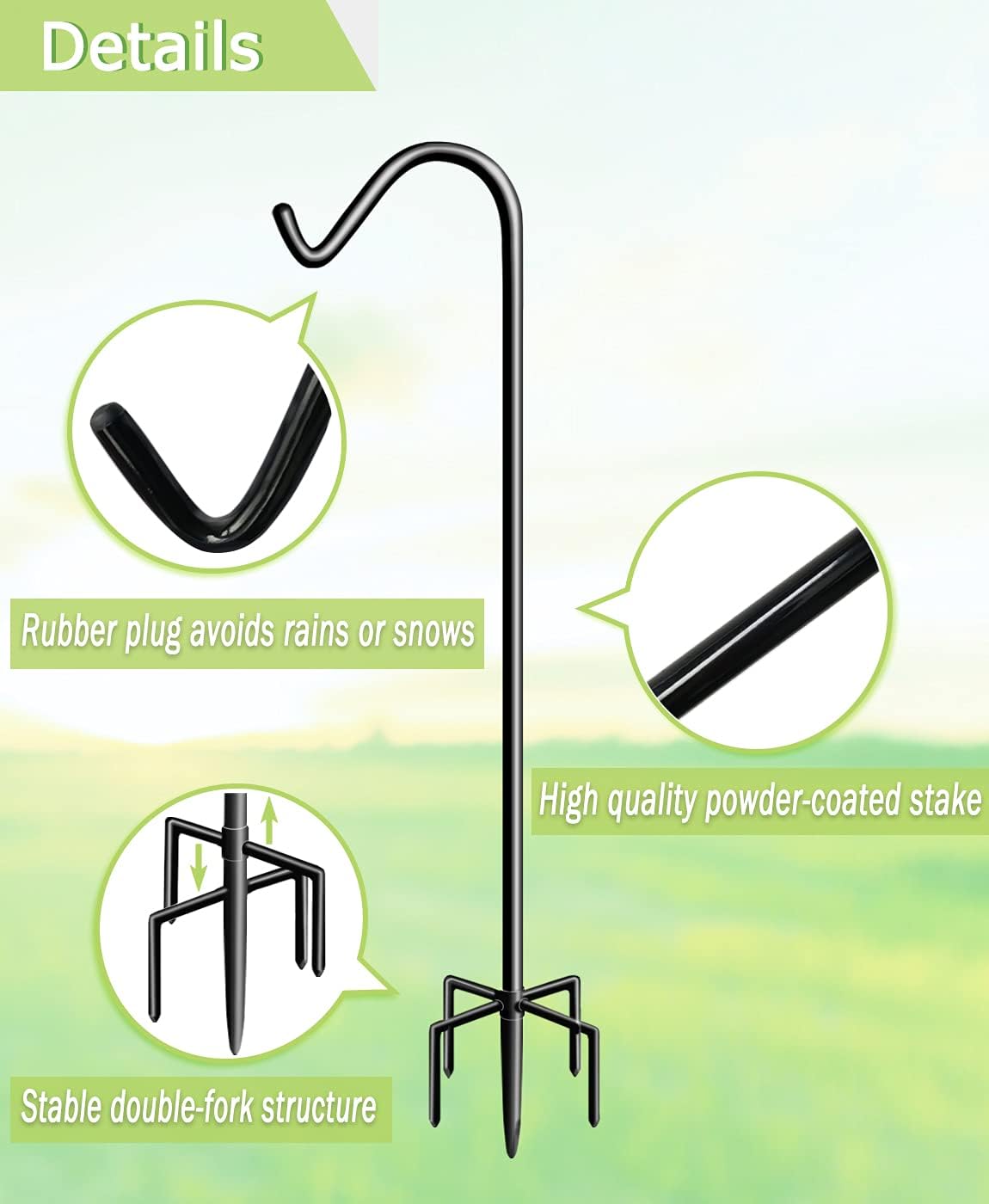 Garbuildman 76 Inch Tall Shepherd Hooks with 5-Forked Base, Adjustable Heavy Duty Bird Feeder Pole Stand Hanger for Outdoor, Shiny Black, 2 Pack