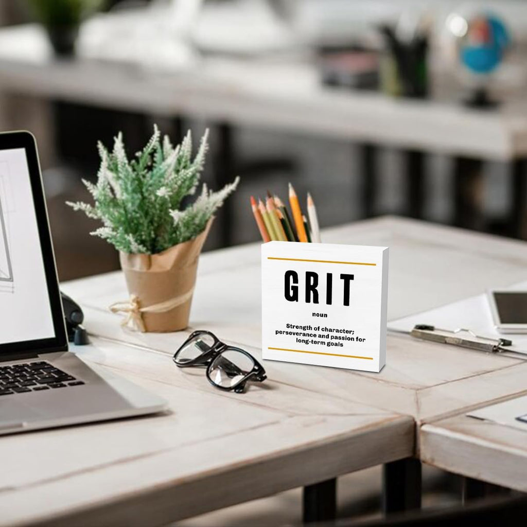 Grit Noun Entrepreneur White Wooden Box Sign, Inspirational Office Decor Decorative Table Shelf Desk Decor, Rustic Workplace Farmhouse Home Bedroom Classroom Decor Office Decorations Desk Accessories