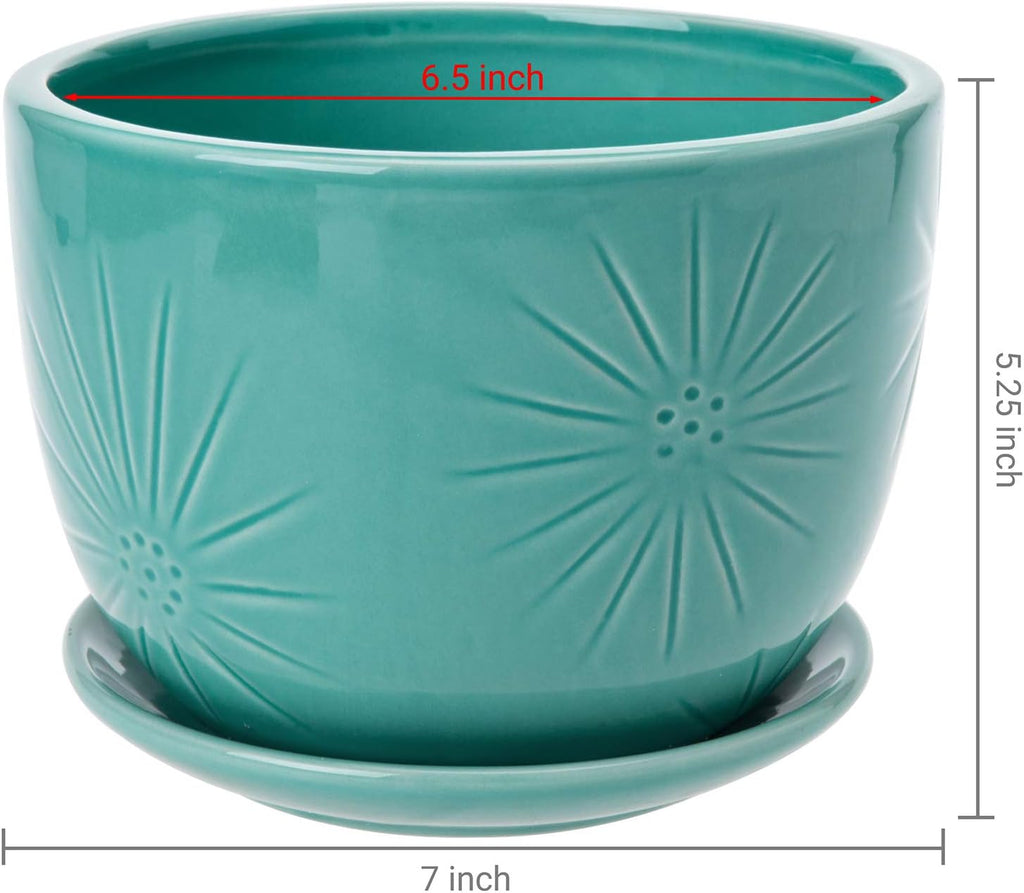 MyGift 7 Inch Round Turquoise Ceramic Plant Pot with Drainage Hole and Attached Saucer, Modern Decorative Embossed Sunburst Planter Container for Indoor Home Garden