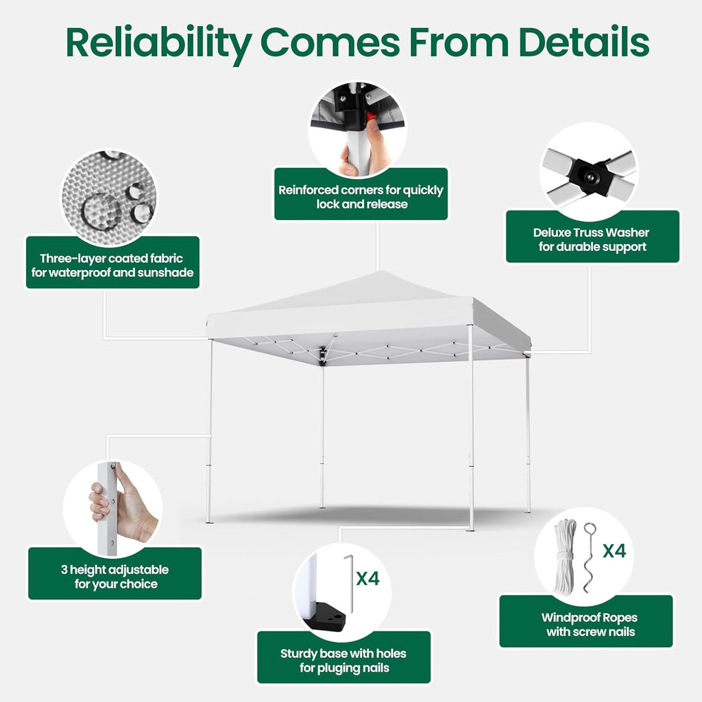 10x10ft Pop Up Canopy Tent,Heavy Duty Waterproof Folding Tent for Camping Parties Events Parties,Outdoor Canopy,Portable Sun Shelter,3 Adjustable Height(White)