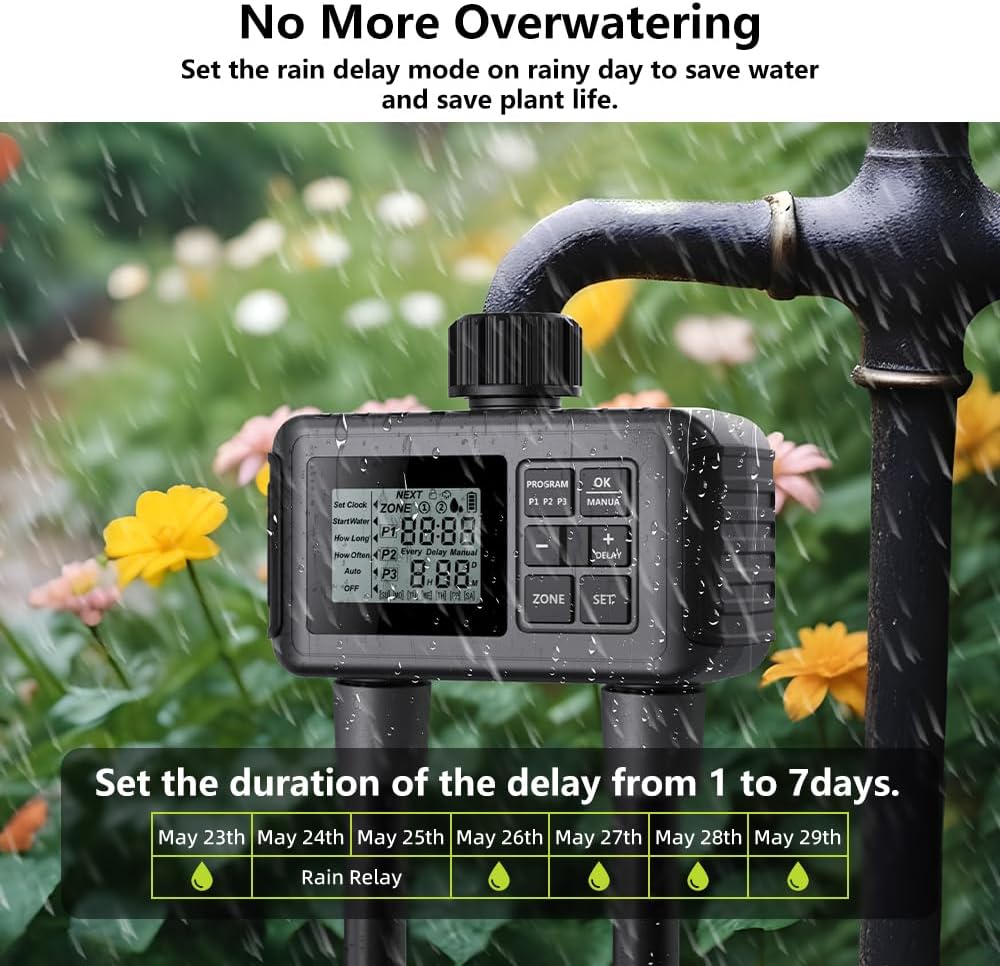 Uzoli SGW07 Sprinkler Timer, Programmable Water Timer for Garden Hose with 2 Outlets, Rain Delay, Manual, IP55 Waterproof Auto Drip Irrigation for Yard, Lawn, Pool