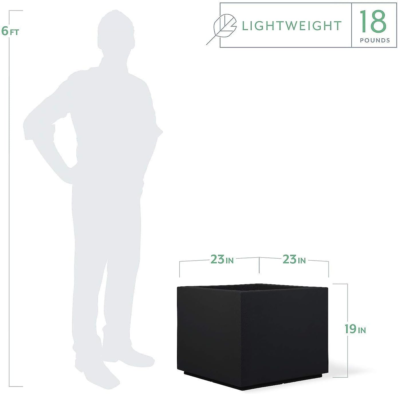 PolyStone Monterray Modern Outdoor/Indoor Square Planter, 23" L x 23" W x 19" H, Lightweight, Heavy Duty, Weather Resistant, Polymer Finish, Commercial Grade and Residential (Black)