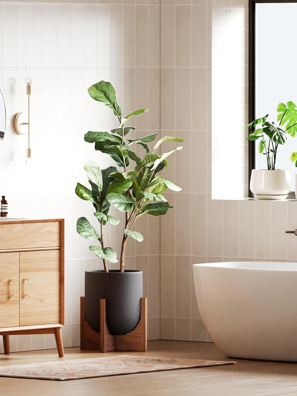 LE TAUCI 12 Inch Planter with Acacia Wood Stand, Ceramic Large Plant Pot for Indoor Plants, Cylinder Pots with Drainage Hole and Plug, Charcoal Gray