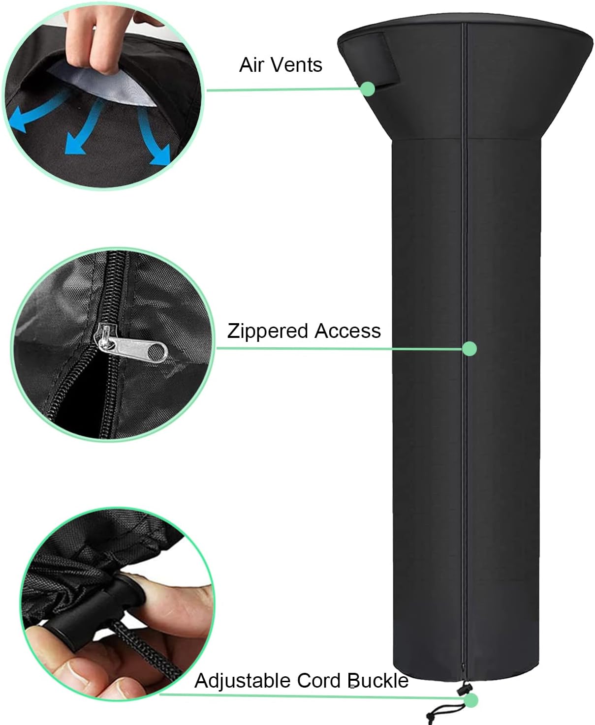 SIRUITON Patio Heater Covers with Zipper and Air Vent,Waterproof Outdoor Heater Cover, Dustproof,Wind-Resistant,UV-Resistant,Snow-Resistant,（87" Height x 33" Dome x 19" Base, 420D Black）