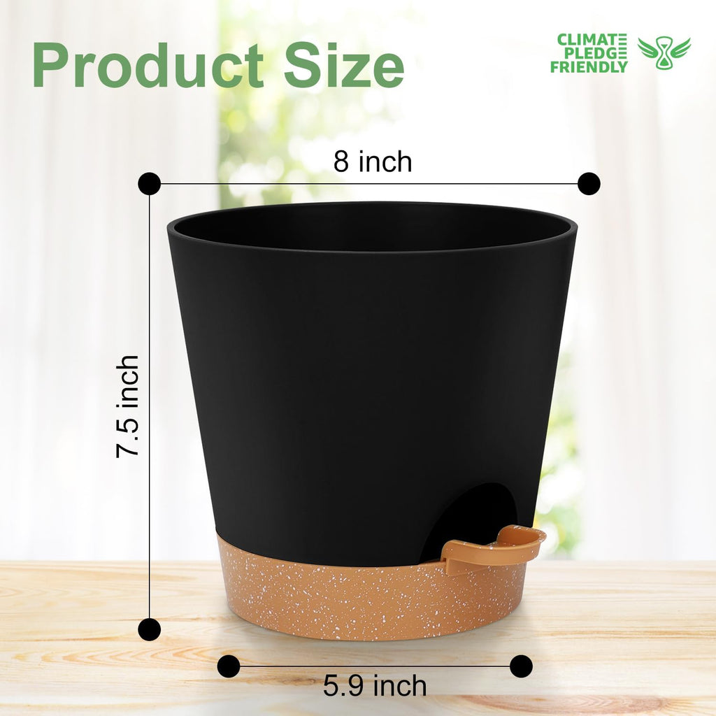 8-Inch Plant Pots, Self-Watering Planters with Drainage Holes & Saucers for Indoor and Outdoor Plants (2-Pack,Black)