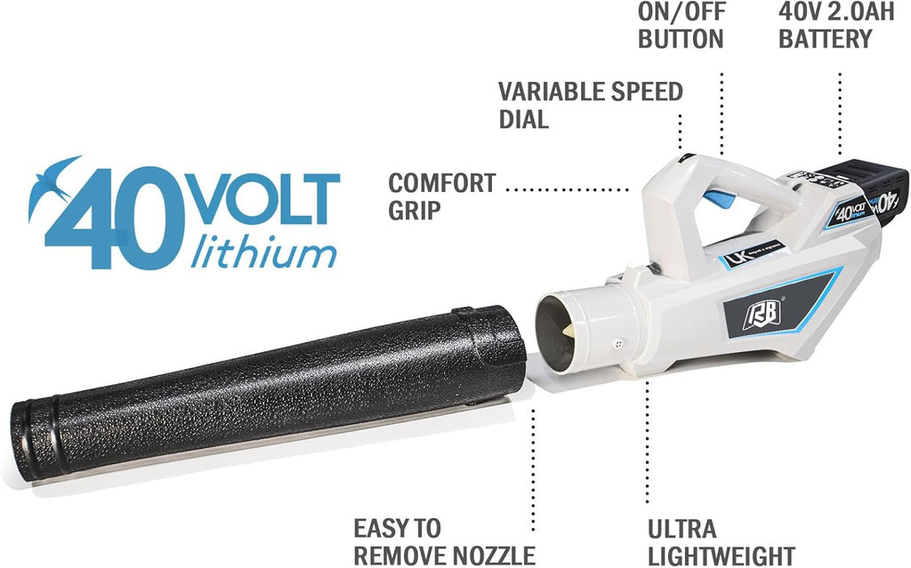 RB 40V Cordless Leaf Blower with 2Ah Battery & Charger – 6-Speed Turbo, 460 CFM, Lightweight for Leaves, Snow, Lawn & Patio