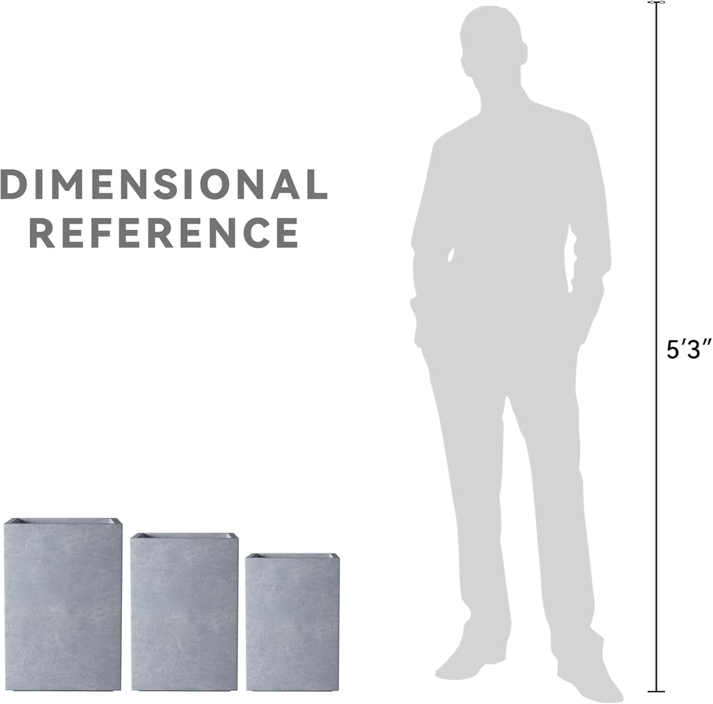 Kante 18.5",15.7",12.6" H Tall Rectangular Concrete Planters Set of 3, Outdoor Indoor Lightweight Plant Pots with Drainage Hole and Rubber Plug, Modern Style for Home Garden Patio, Slate Gray