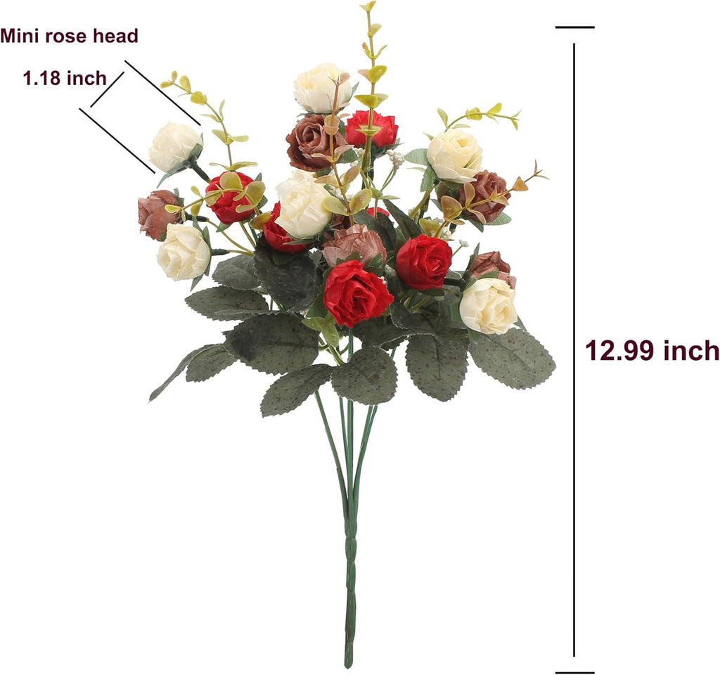 Duovlo 7 Branch 21 Heads Artificial Flowers Bouquet Mini Rose Wedding Home Office Decor,Pack of 4 (Red)