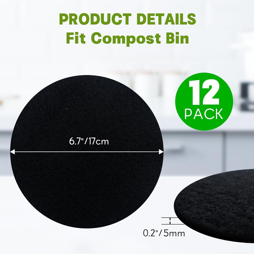 12 Pack - 6.7 Inch Round Compost Bin Charcoal Filters,Extra Thick Activated Carbon Charcoal Filters for Longer Lasting Odor Control, Fits Countertop and Home Bucket Kitchen Compost Bins (Refill)