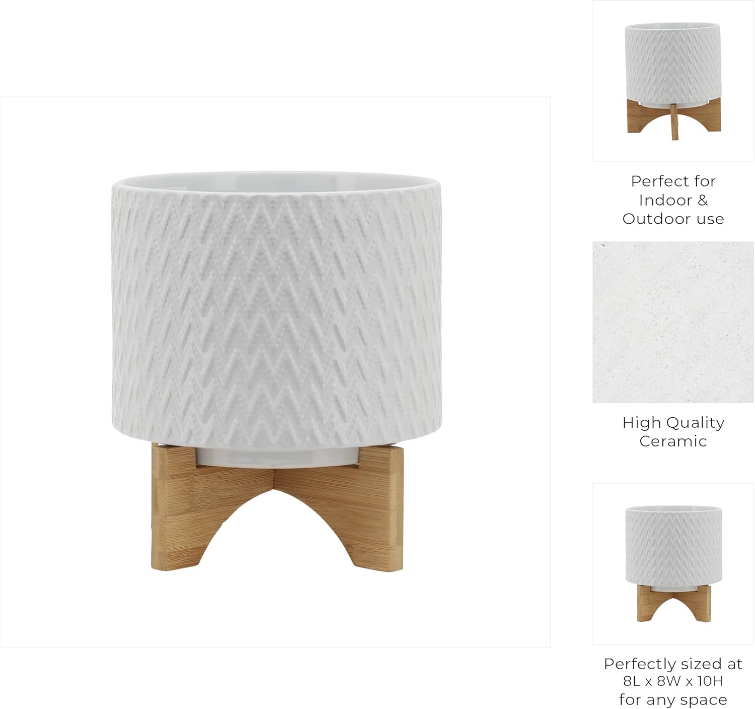 Sagebrook Home Ceramic Planter with Stand - Textured Stoneware Indoor & Outdoor Plant Holder - Modern Garden Decor for Home - 10" White