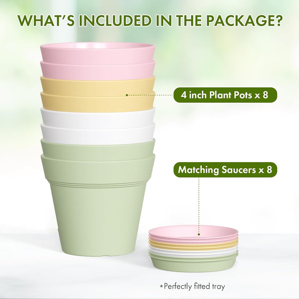 4 Inch Plastic Plant Pots with Drainage Holes and Trays – 8 Pack Small Nursery Pots for Indoor & Outdoor House Plants and Flowers, Seedling Starter Planters, Colorful