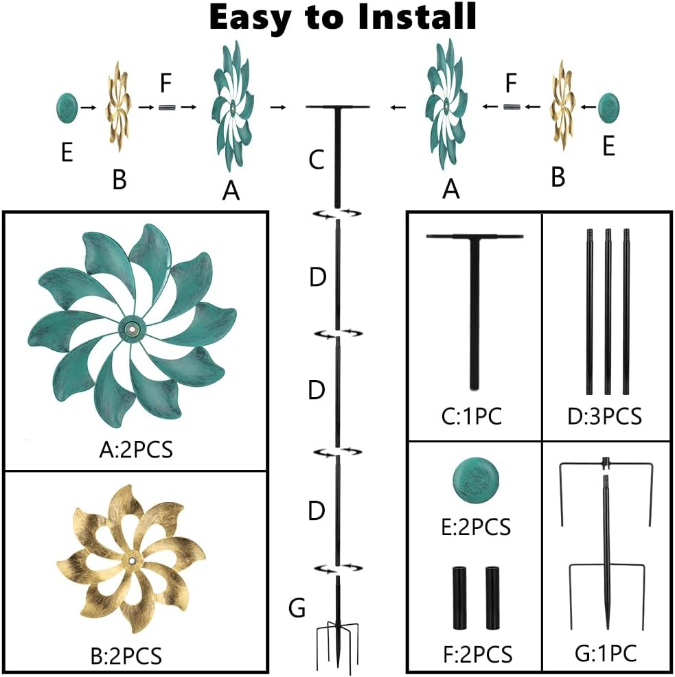 DREAMSOUL 13" Wind Spinners Outdoor with 5 Prongs Stake Wind Spinners for Yard and Garden (63 * 13 Inches)