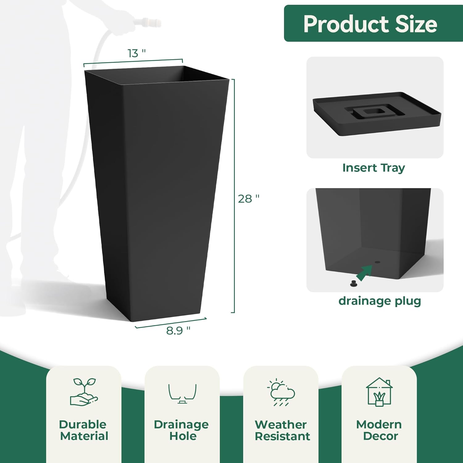 WORTH Garden Large 28 in.Tall Planters Set of 2 for Indoor and Outdoor, Heavy Duty Plastic Black Modern Taper Flower Plant Pots with Drainage Hole and Dual-Purpose Tray for Front Porch, Patio