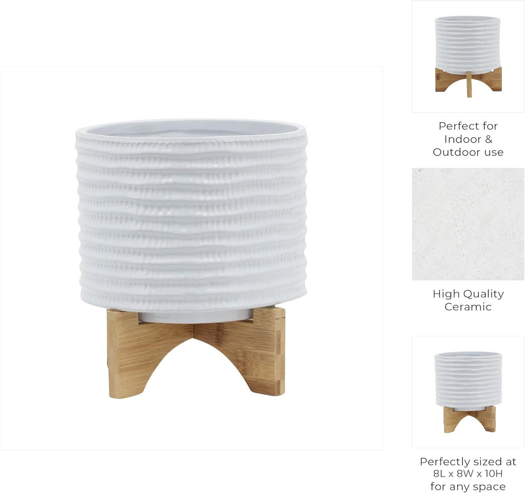 Ceramic Planter with Bamboo Stand – Modern Home Decor Indoor Plant Pot with Textured Stoneware Design – Decorative Planter with Legs for Living Room, Bedroom, Office, Patio, or Garden - 8", White
