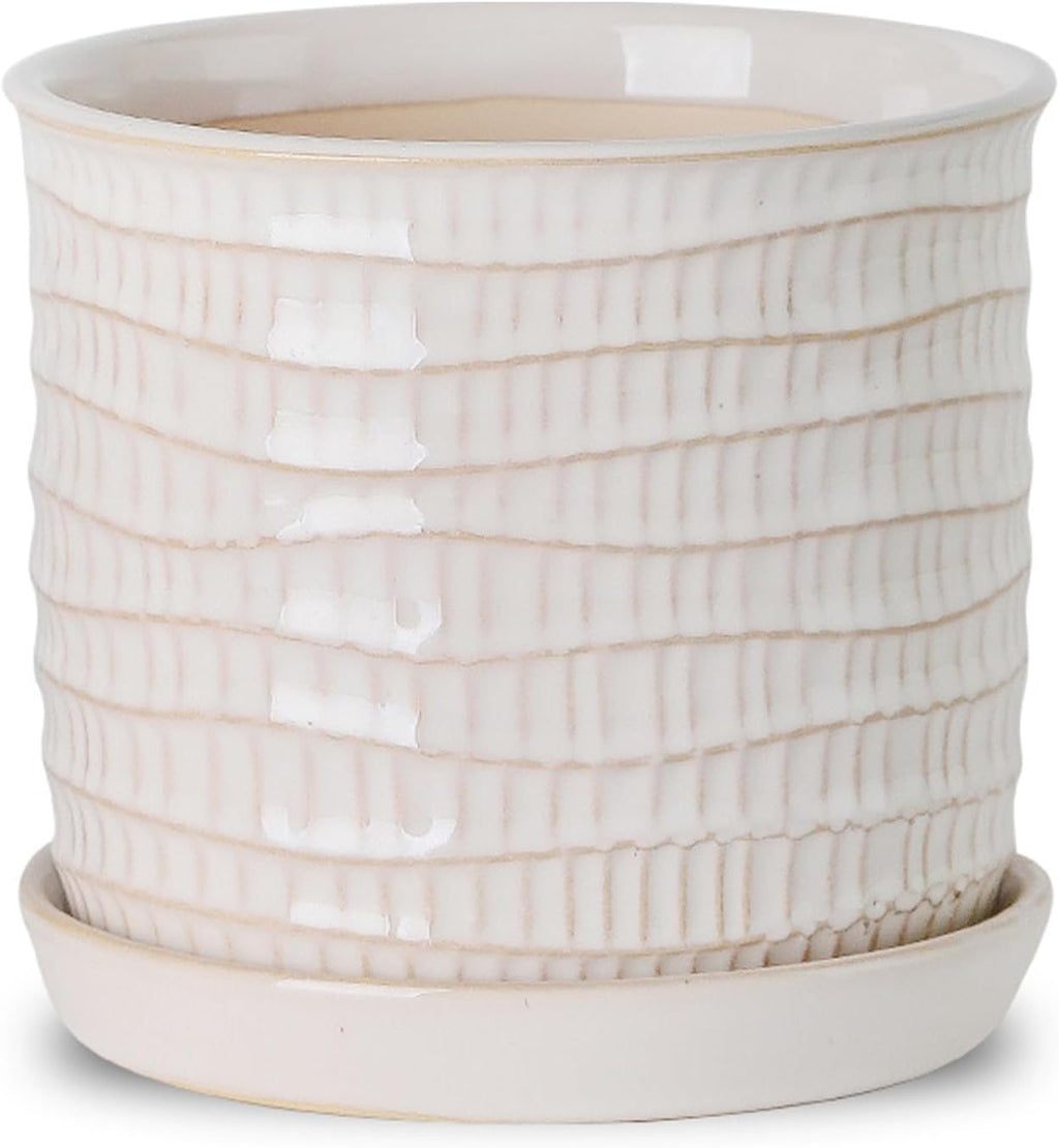 5.8 Inch Plant Pot: Ceramic Planter with Drainage Hole & Saucer for Indoor Outdoor Plants - Flowerpot with Bonded Tray for Home Office - Wave Embossed